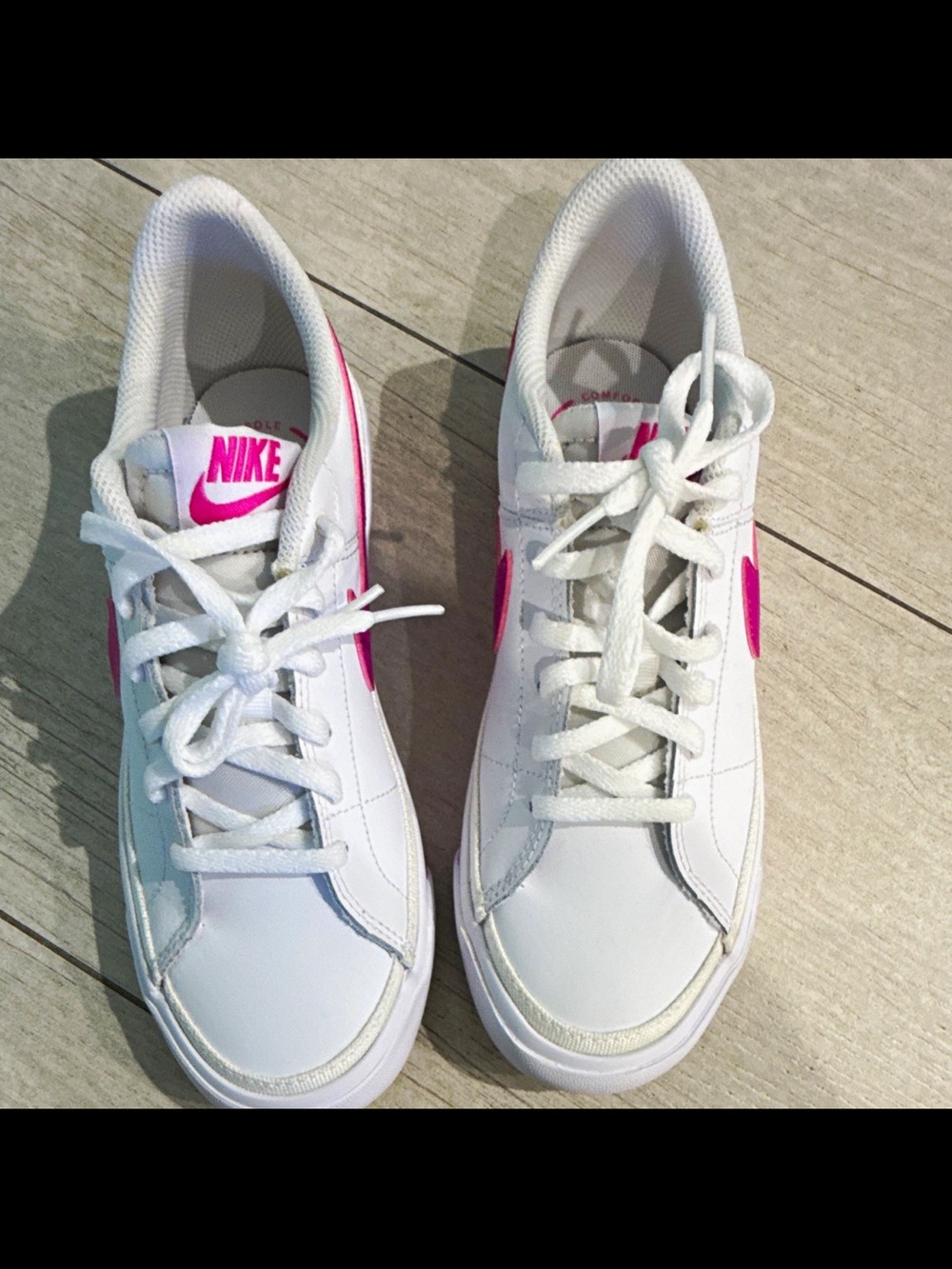 Nike Kids White Sneakers with Hot Pink Swoosh